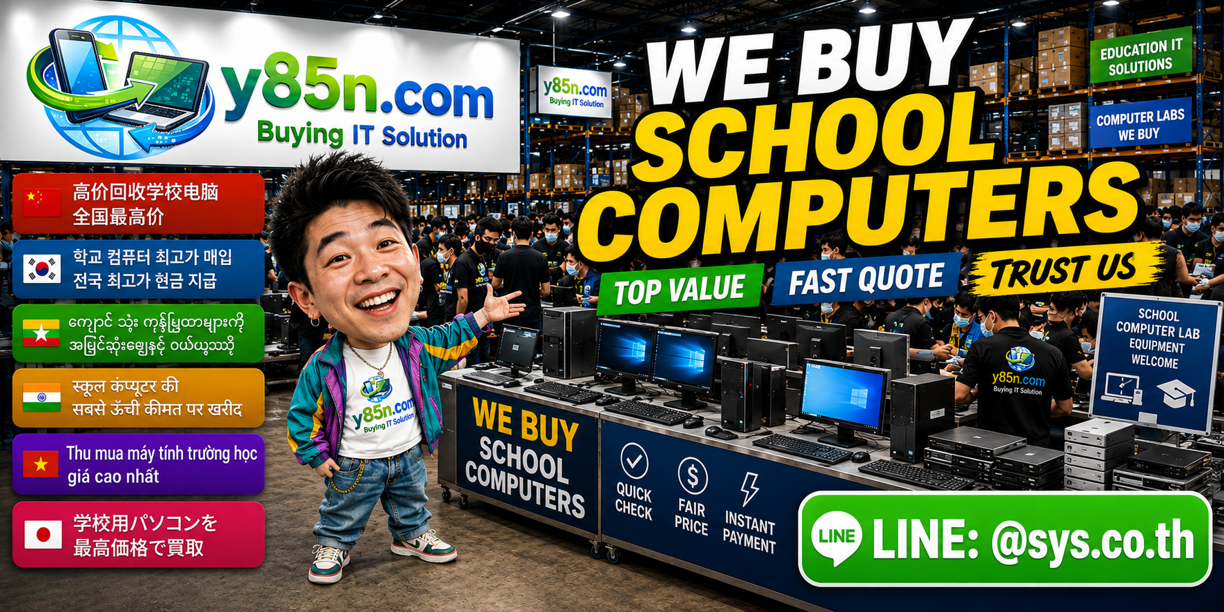Y85N.com warehouse buying used school computers