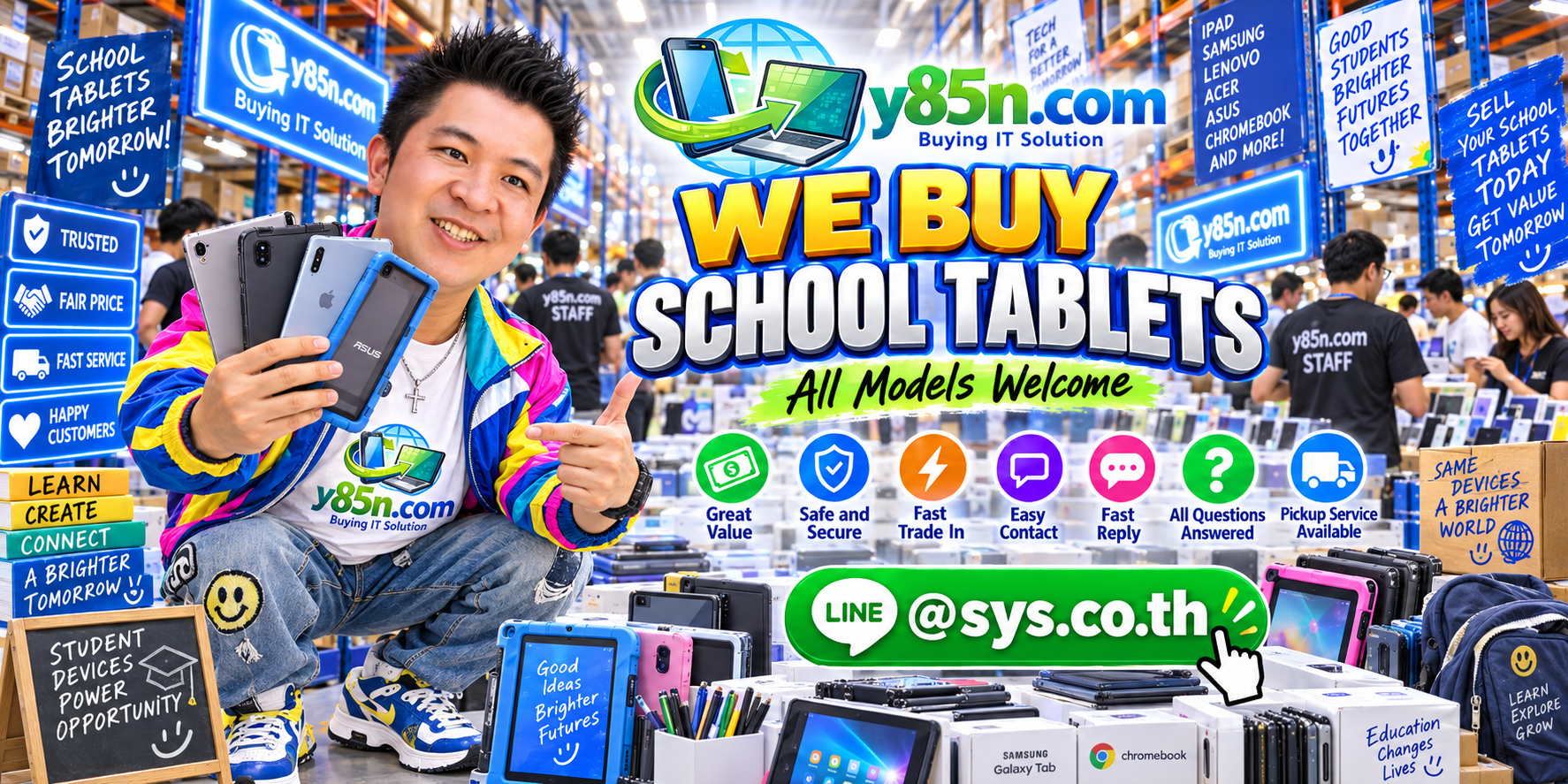Y85N.com school tablet buying service contact banner with LINE at sys.co.th