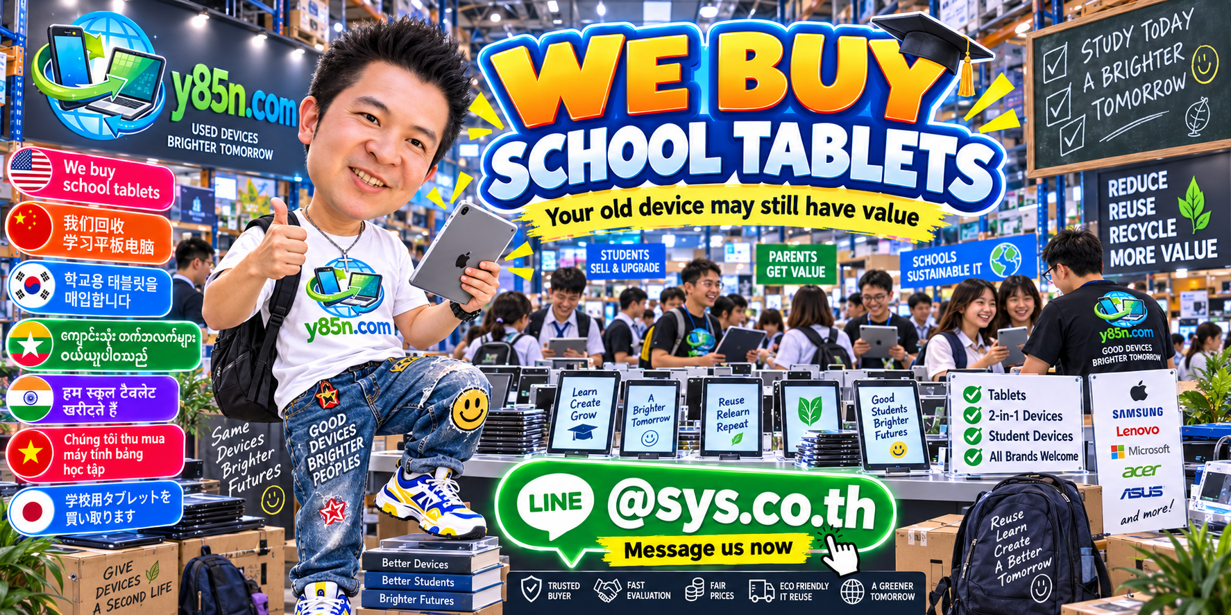Busy Y85N.com warehouse showing a school tablet buying service in Thailand