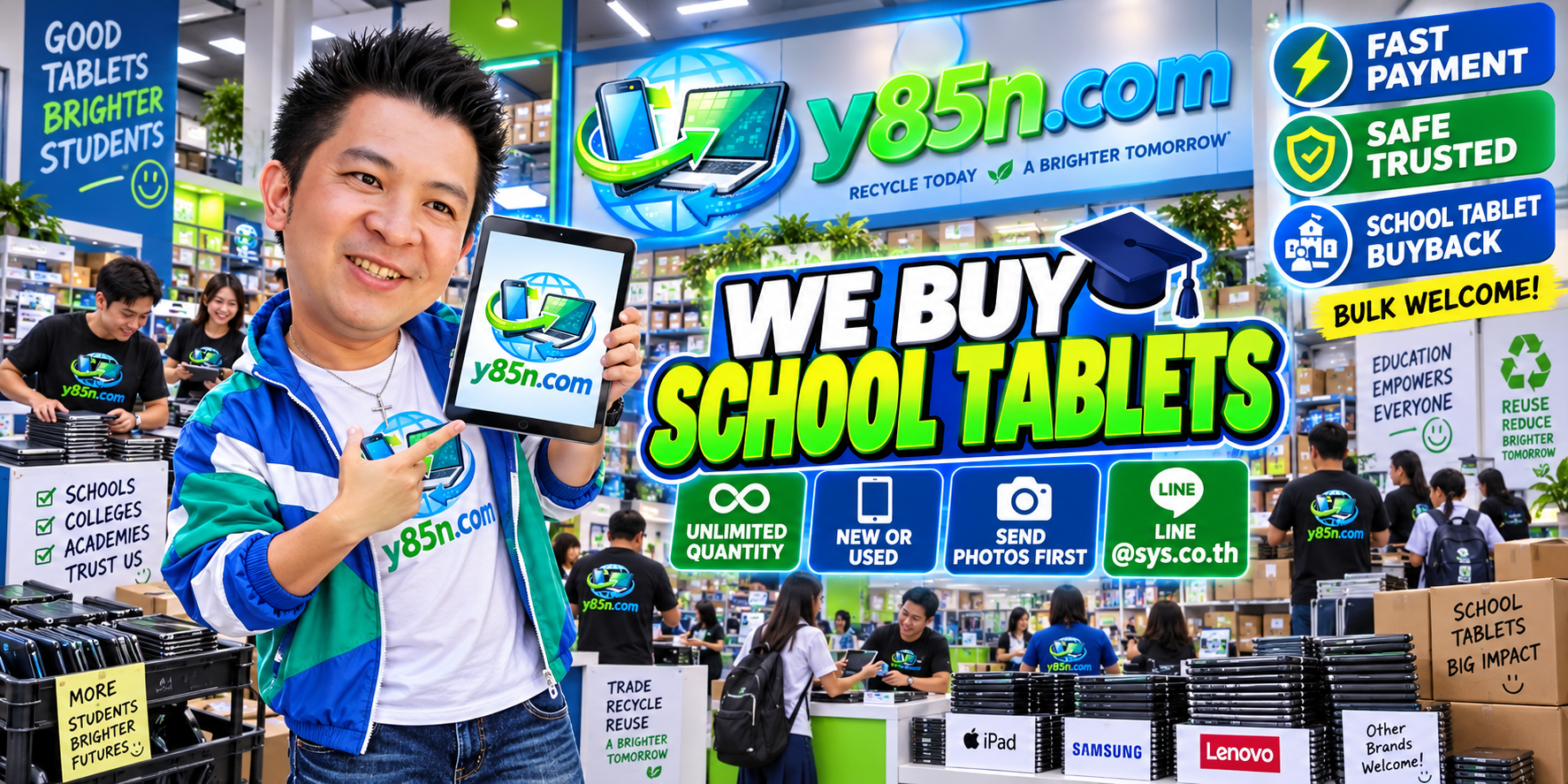 Y85N.com team and school tablet sellers at a busy technology buying warehouse in Thailand