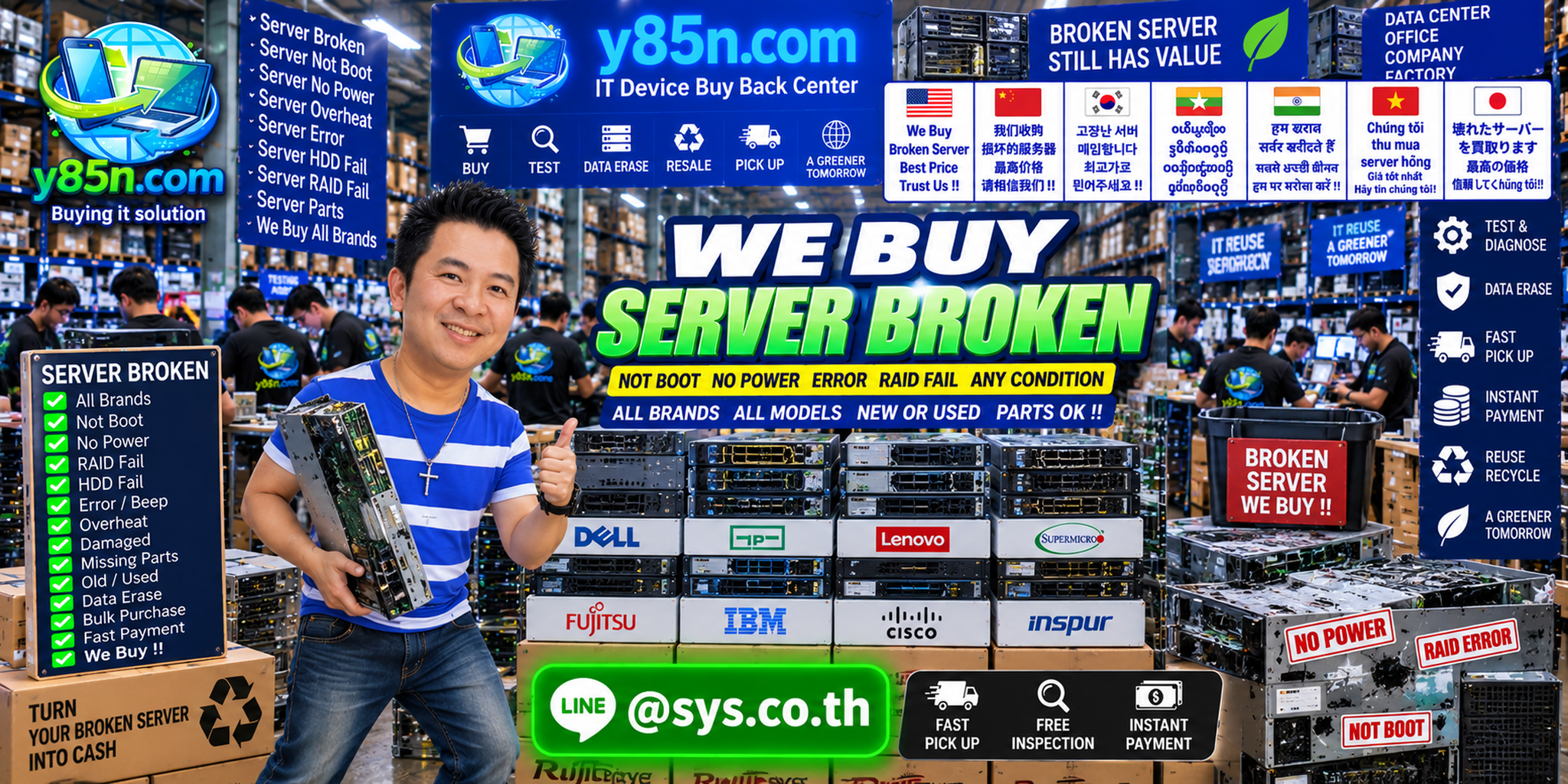 Y85N.com warehouse buying broken servers and data center equipment from sellers across Thailand