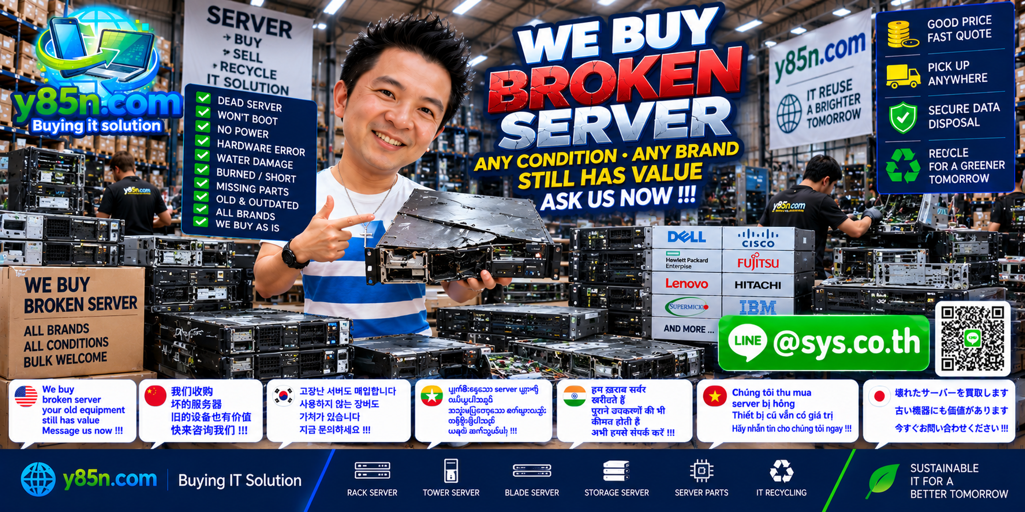 Busy Y85N.com IT warehouse offering broken server buyback service across Thailand