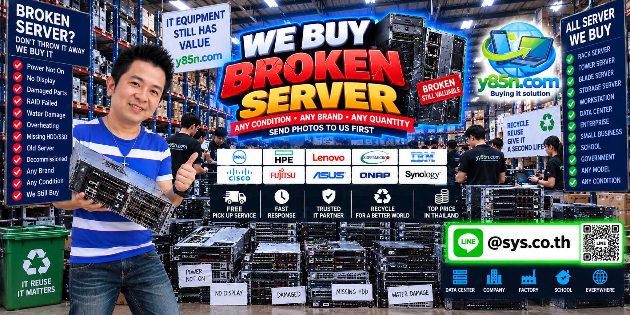 Y85N.com team handling broken servers and data center equipment in a busy IT warehouse in Thailand