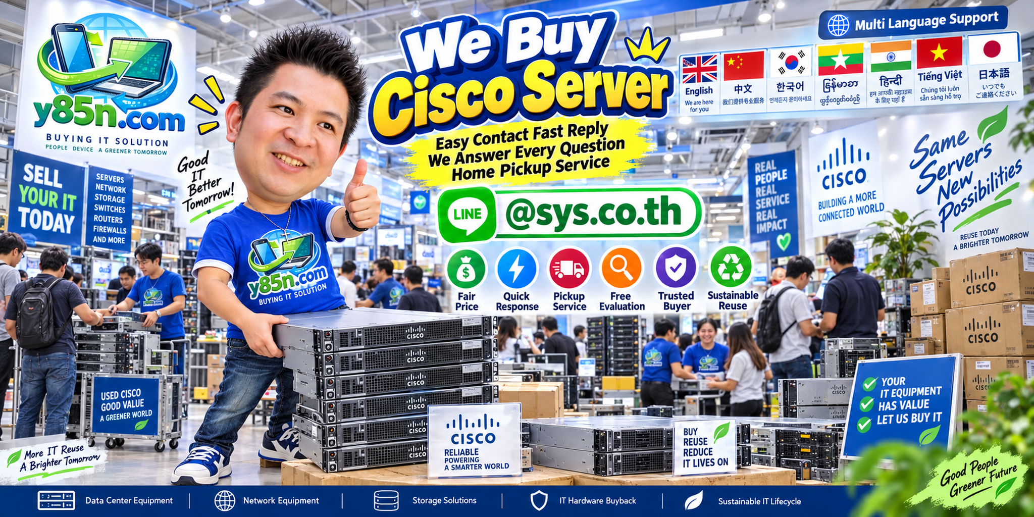 Y85N.com Cisco server buying service contact banner with LINE at sys.co.th