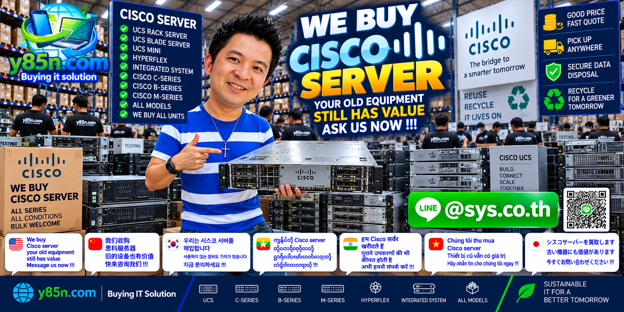 Busy Y85N.com warehouse buying Cisco UCS servers and enterprise data center equipment in Thailand