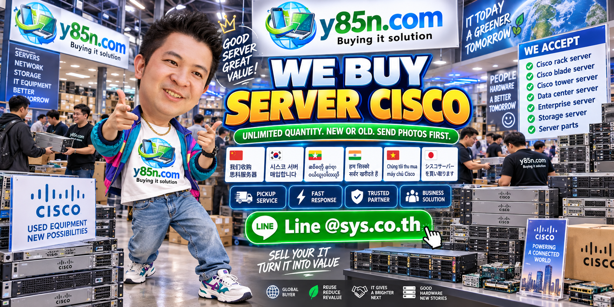 Y85N.com team and customers in a busy Cisco server and enterprise IT equipment warehouse
