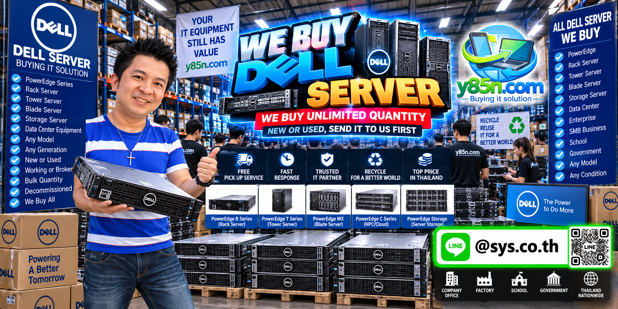 Y85N.com team handling Dell PowerEdge server buying in a busy IT warehouse