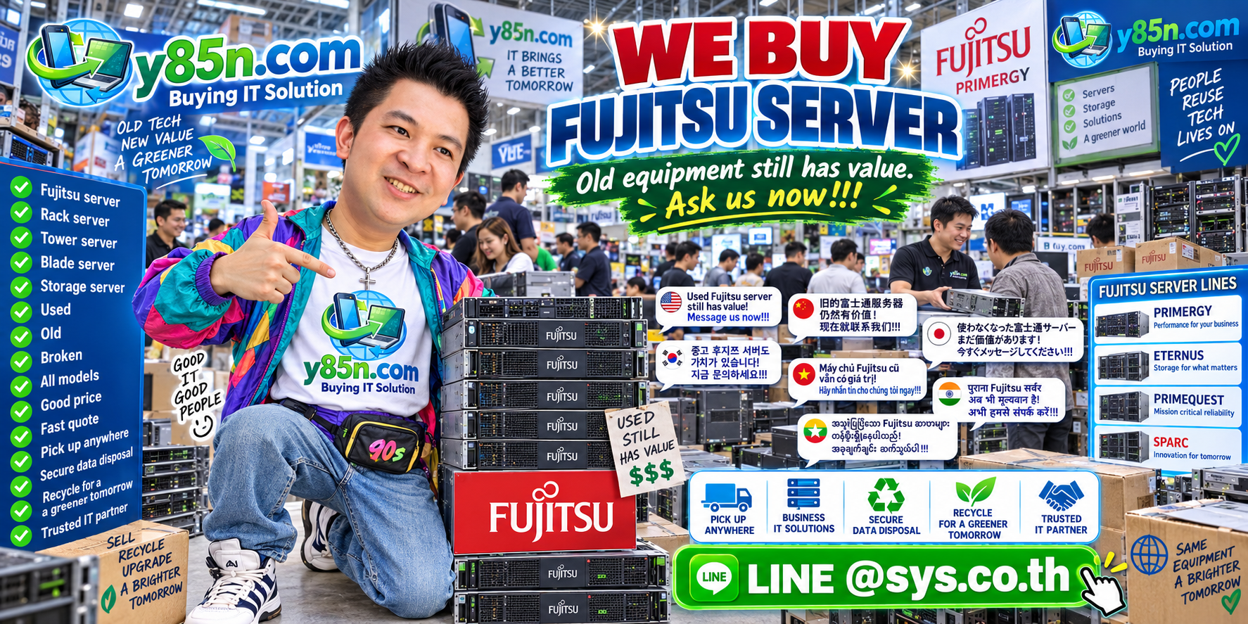 Busy Y85N.com IT warehouse showing professional Fujitsu PRIMERGY server buyback service in Thailand