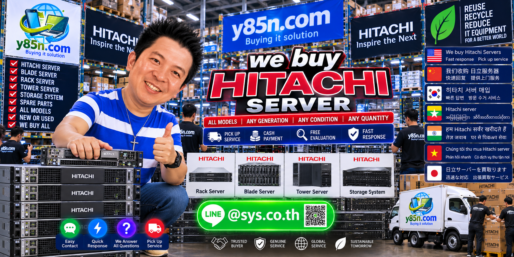 Y85N.com Hitachi server buying service contact banner with LINE at sys.co.th