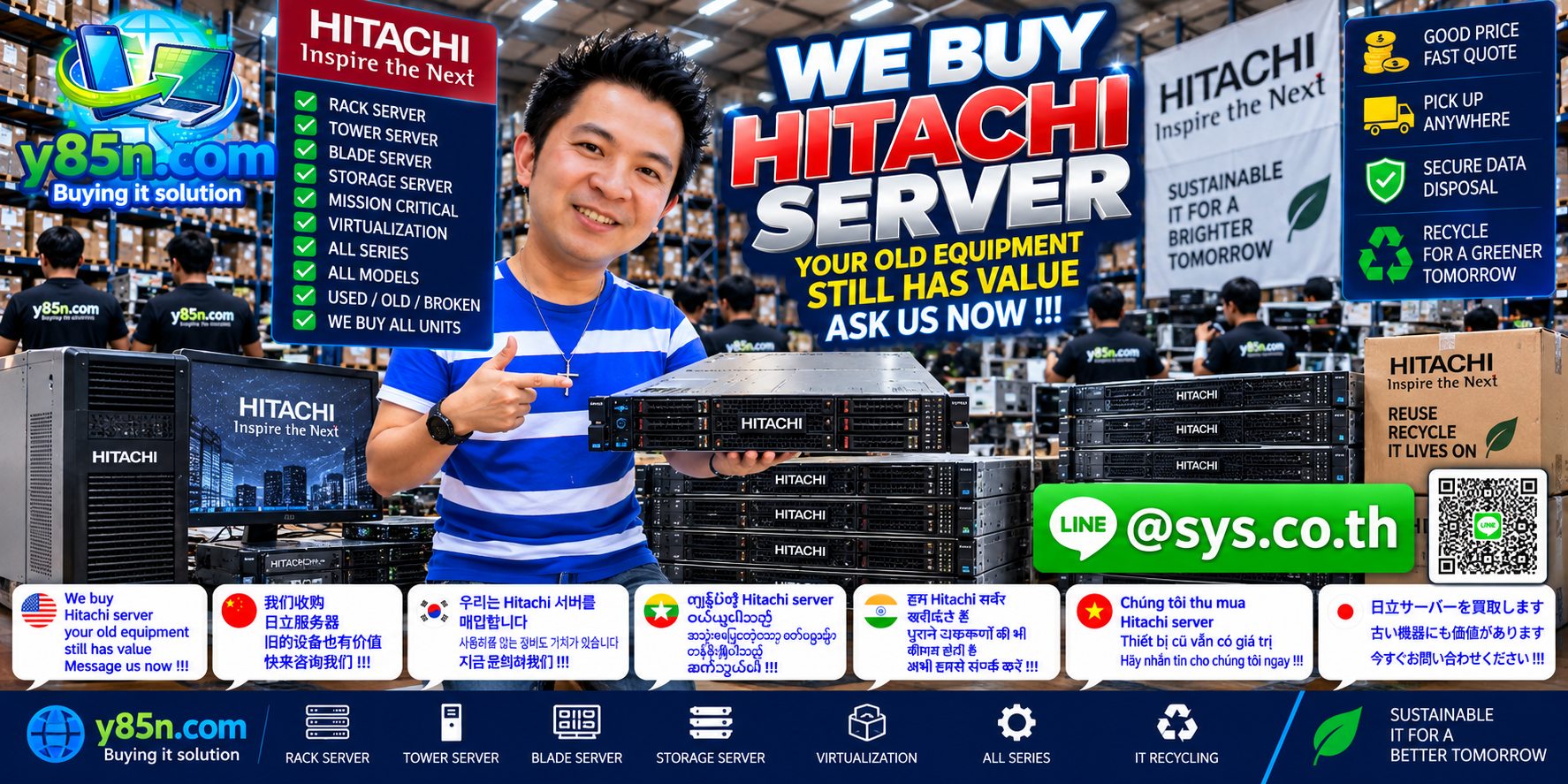 Busy Y85N.com IT warehouse buying Hitachi enterprise servers in Thailand