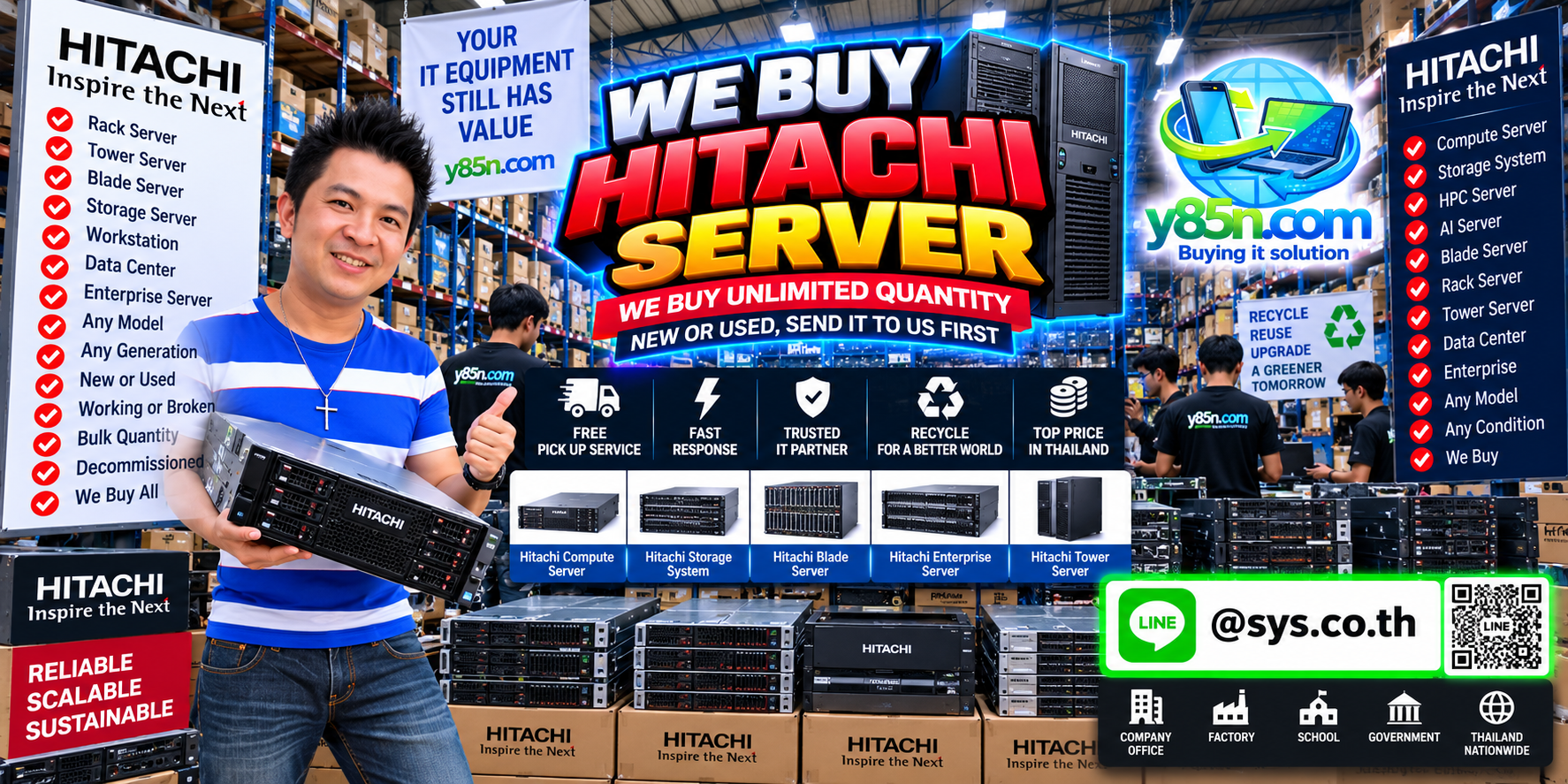 Y85N.com team at a busy warehouse buying Hitachi servers and enterprise IT equipment