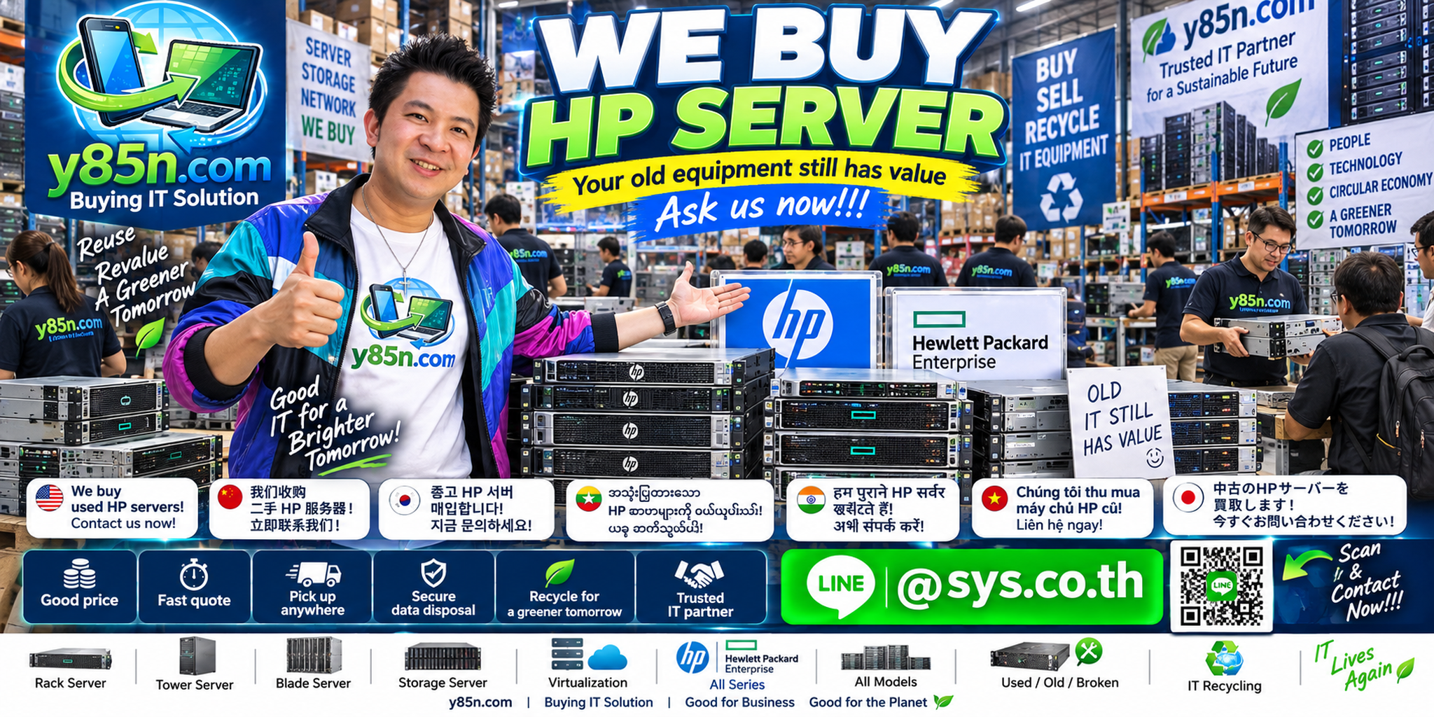 Y85N.com busy warehouse buying HP and HPE ProLiant servers in Thailand