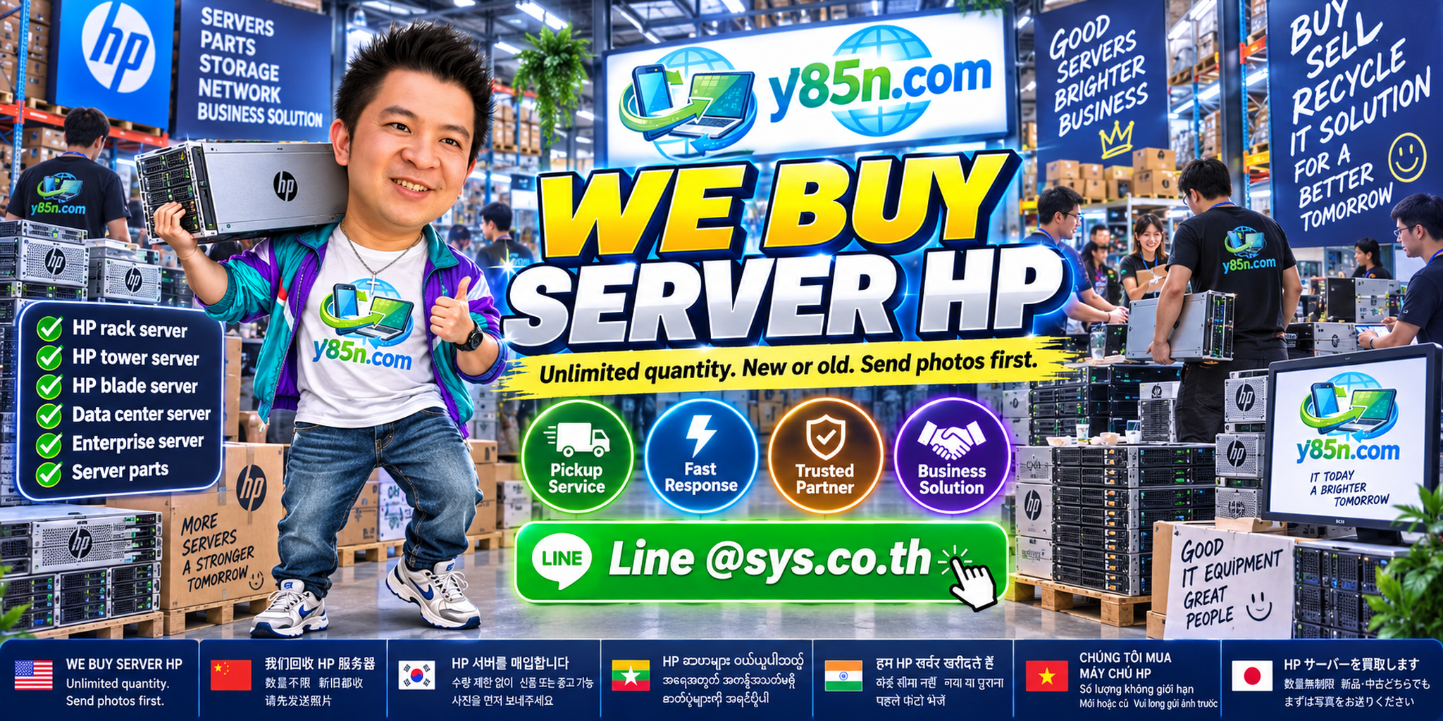 Y85N.com team and customers at a busy HP and HPE server buying warehouse in Thailand