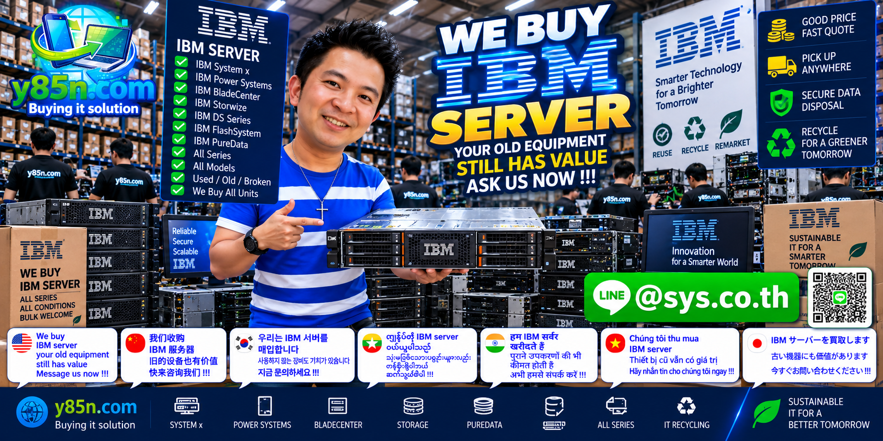 Busy Y85N.com warehouse buying IBM servers and enterprise IT equipment in Thailand
