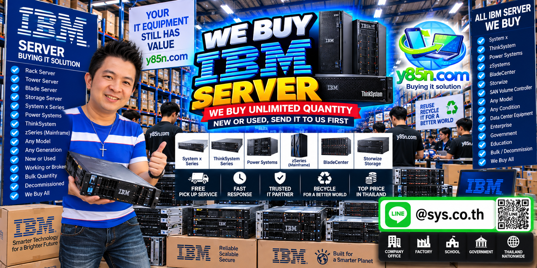 Y85N.com team handling IBM servers in a busy enterprise IT warehouse