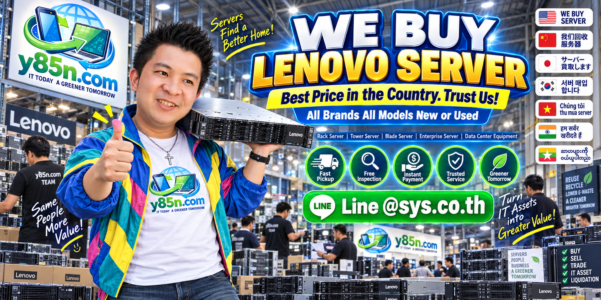 Y85N.com warehouse buying used Lenovo ThinkSystem servers with international seller service in Thailand