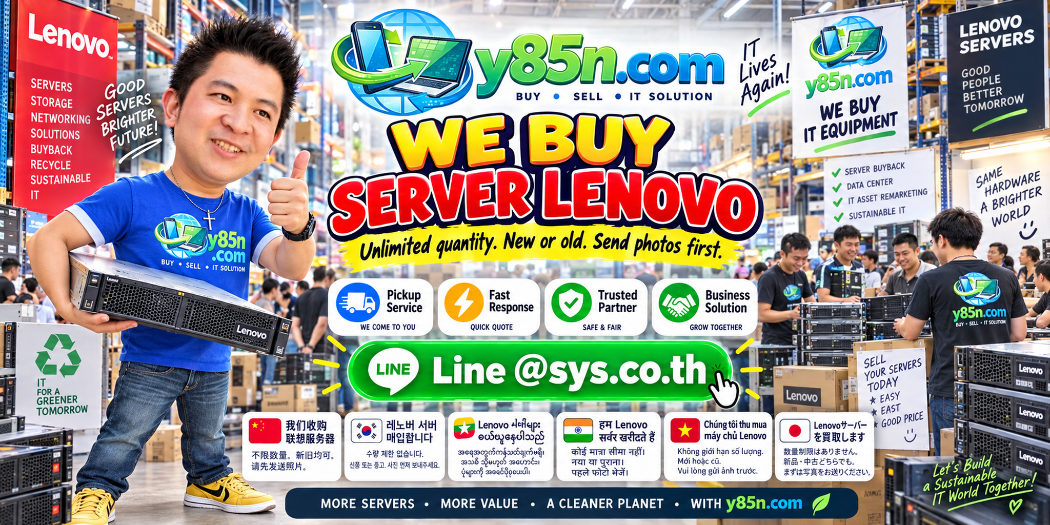 Y85N.com team and customers at a busy Lenovo server and IT equipment buying warehouse