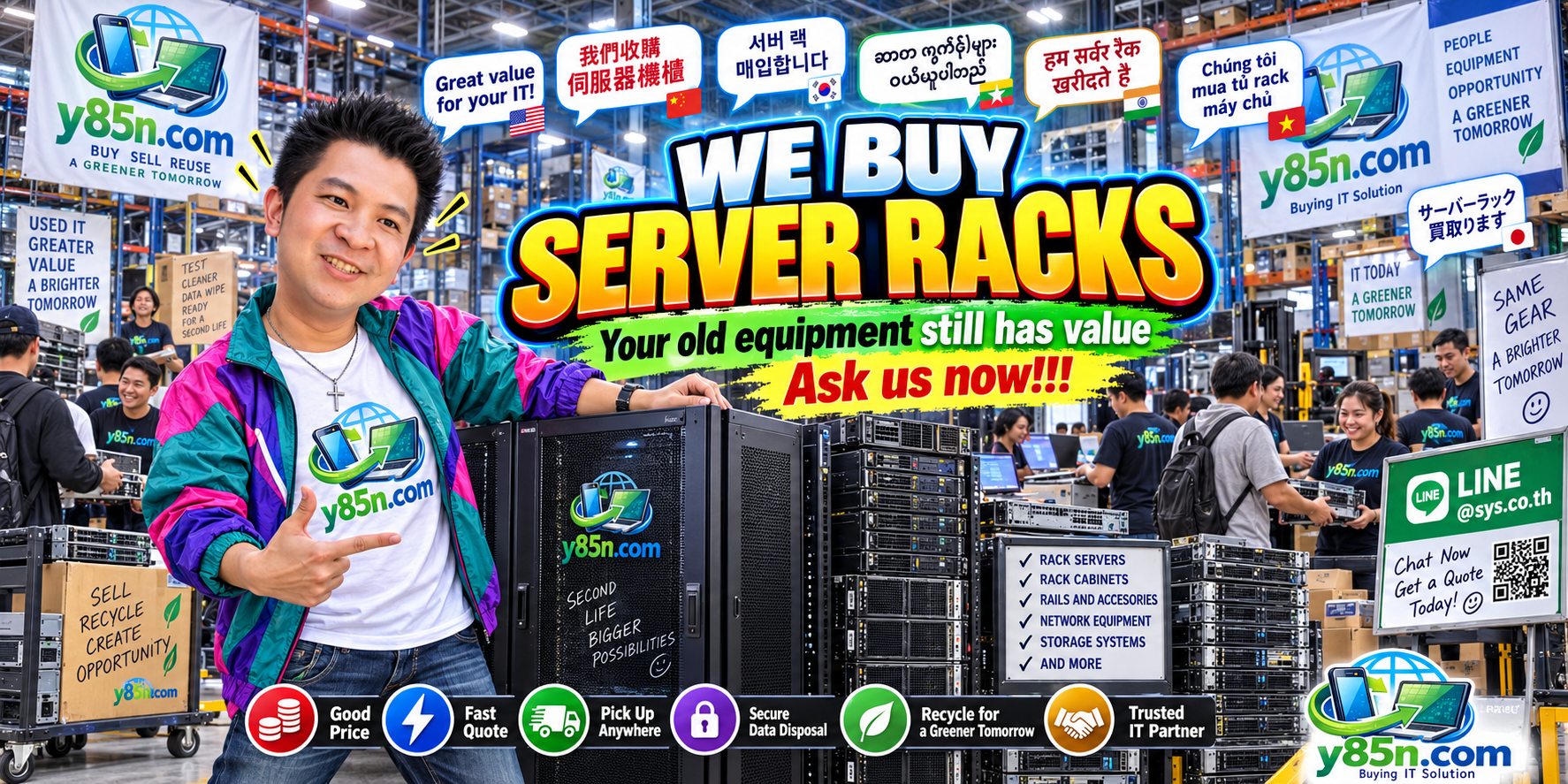 Busy Y85N.com IT warehouse buying used server racks and data center cabinets in Thailand