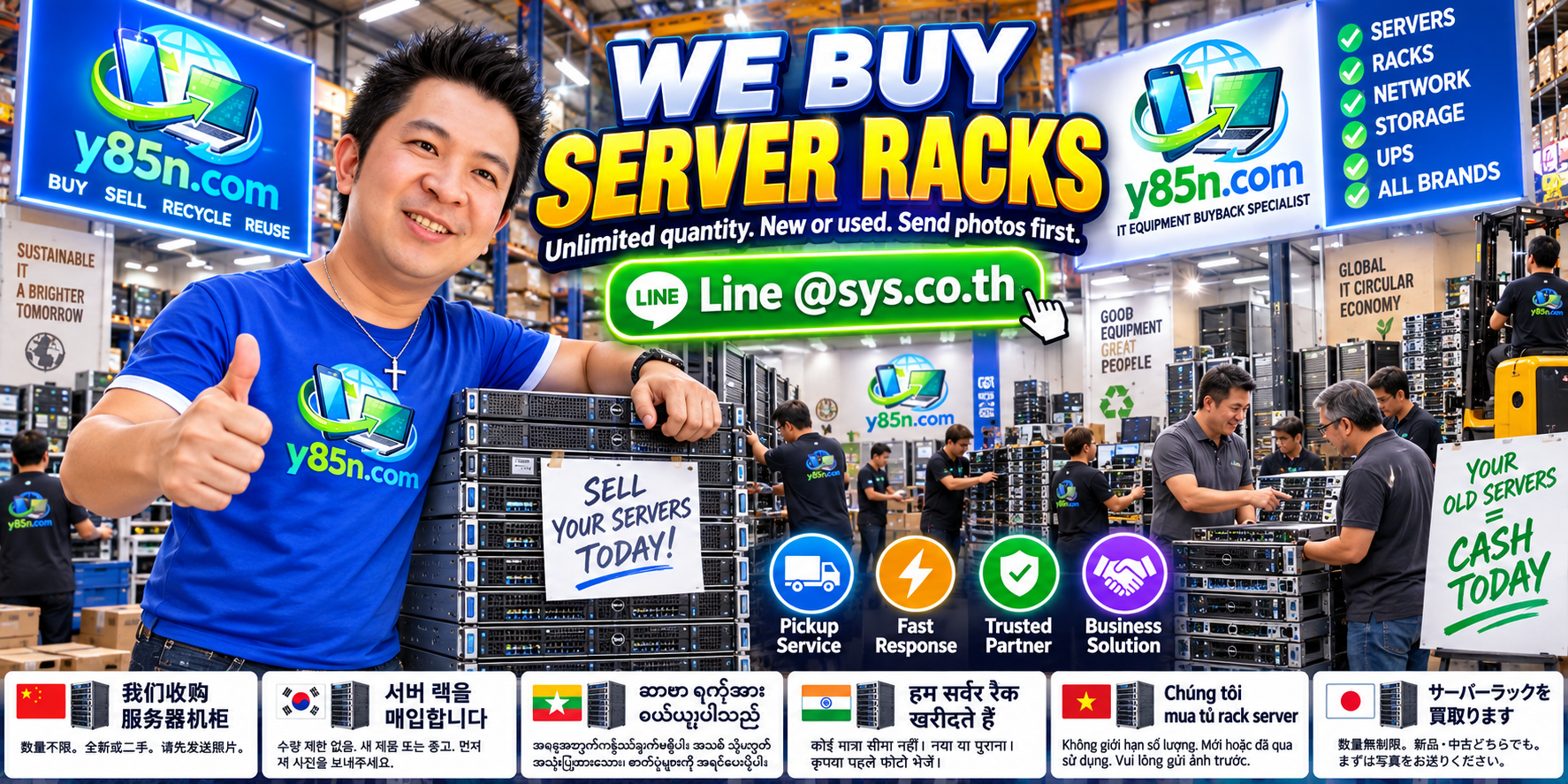 Y85N.com warehouse buying server racks, rack cabinets and enterprise IT infrastructure