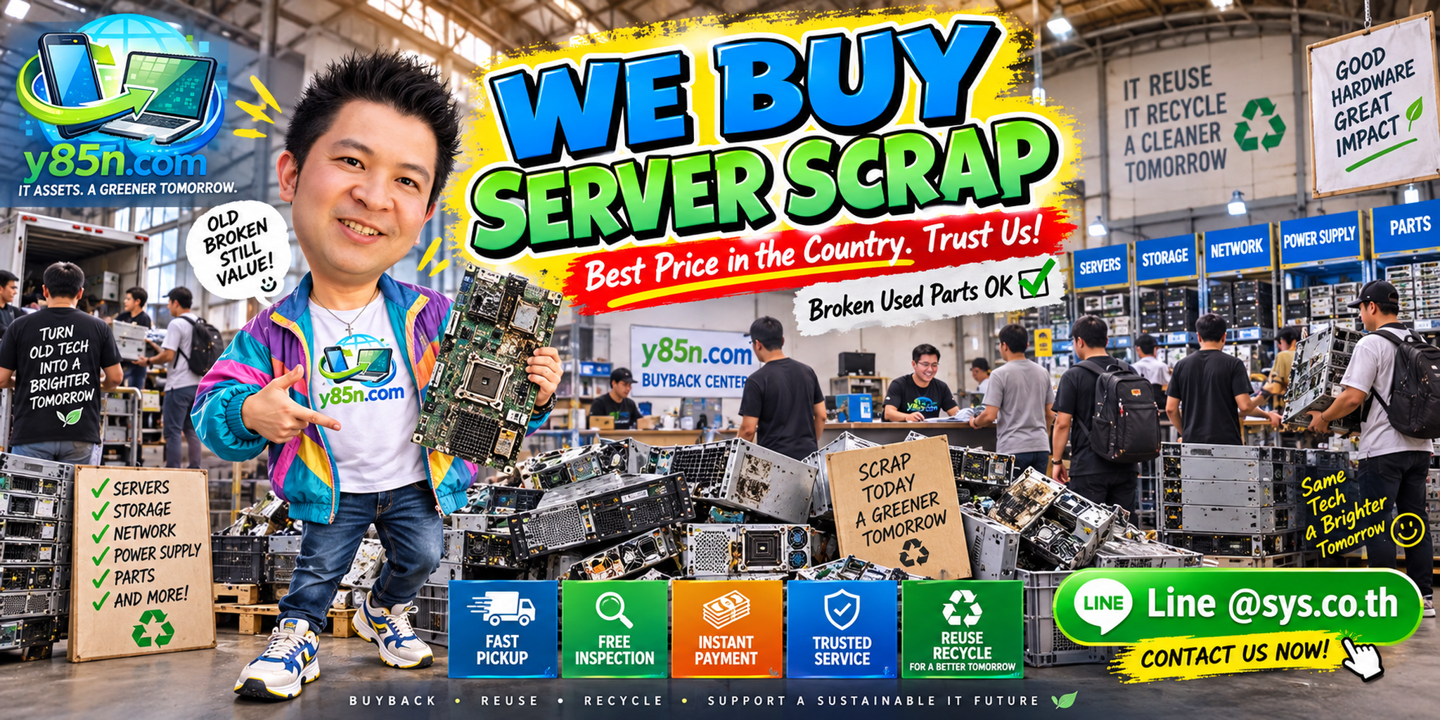 Y85N.com warehouse buying server scrap and reusable enterprise IT equipment in Thailand