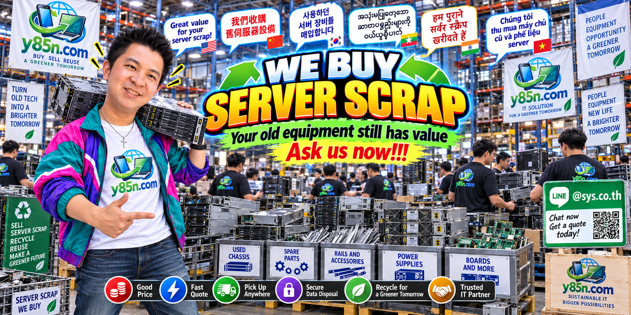 Busy Y85N.com warehouse buying server scrap and retired enterprise servers in Thailand