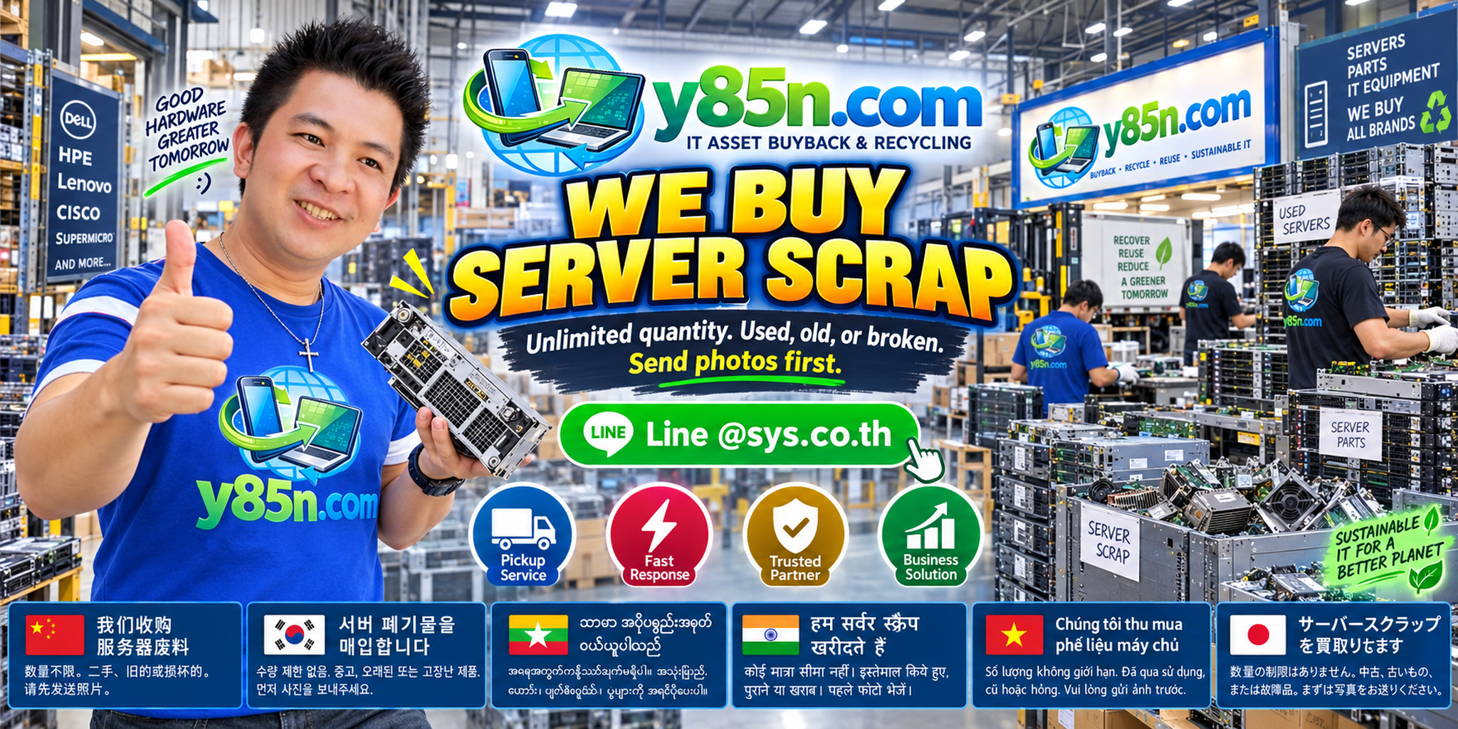 Y85N.com team sorting server scrap, enterprise servers and reusable server parts in a busy IT warehouse