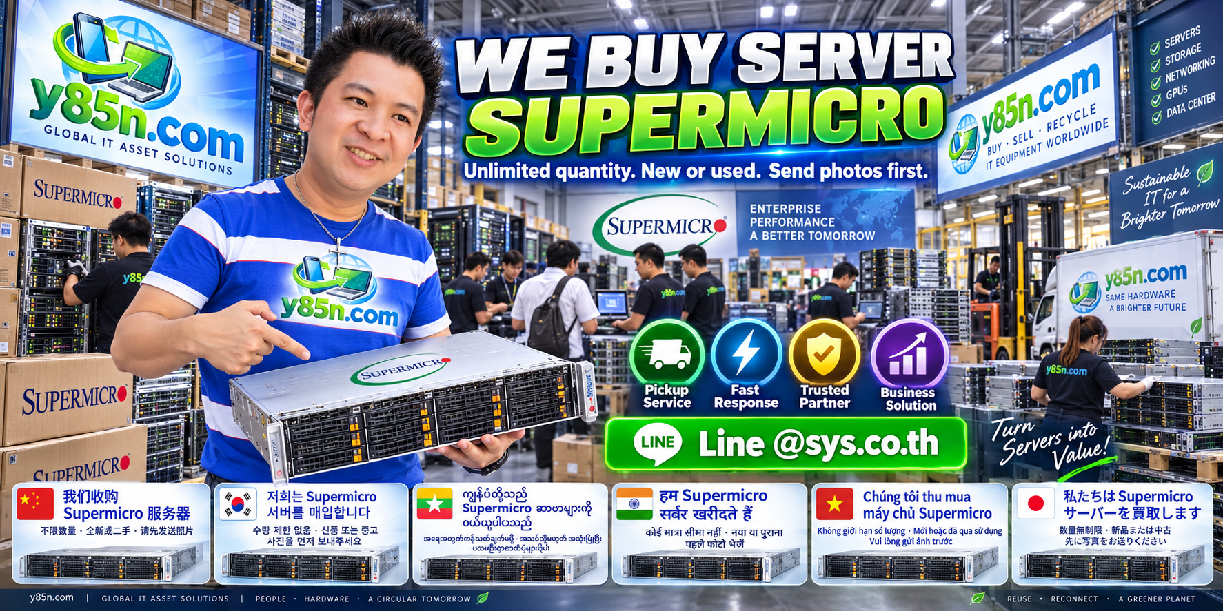 Y85N.com team and customers at a busy Supermicro server buying warehouse in Thailand