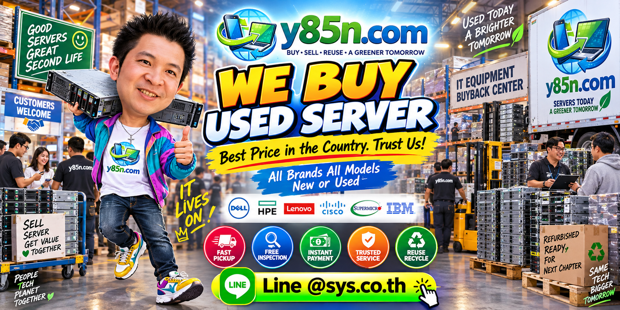 Y85N.com warehouse buying used servers with international seller messaging