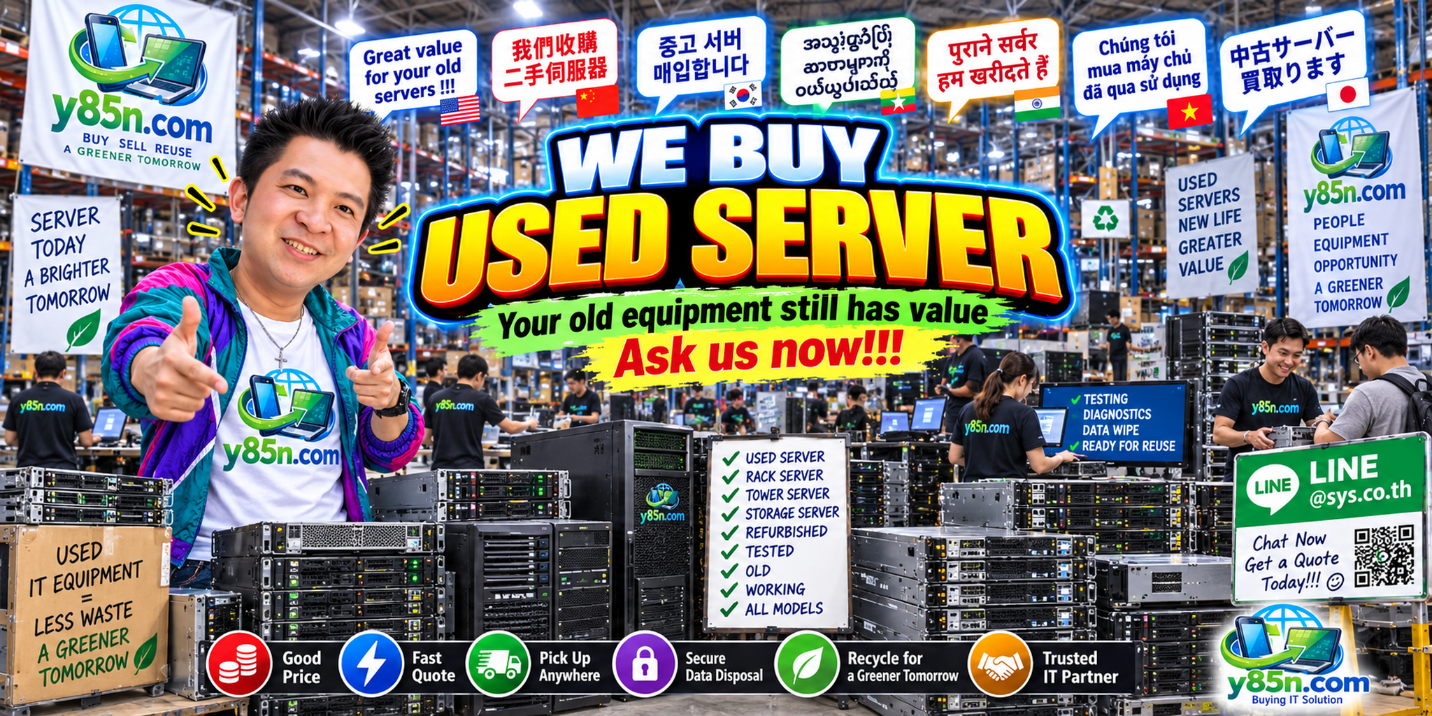 Busy Y85N.com warehouse buying used enterprise servers in Thailand