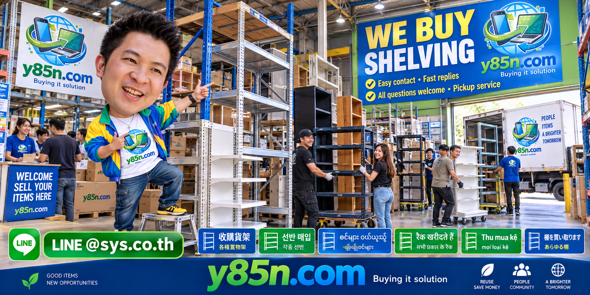 Y85N.com shelving buying contact banner with LINE at sys.co.th
