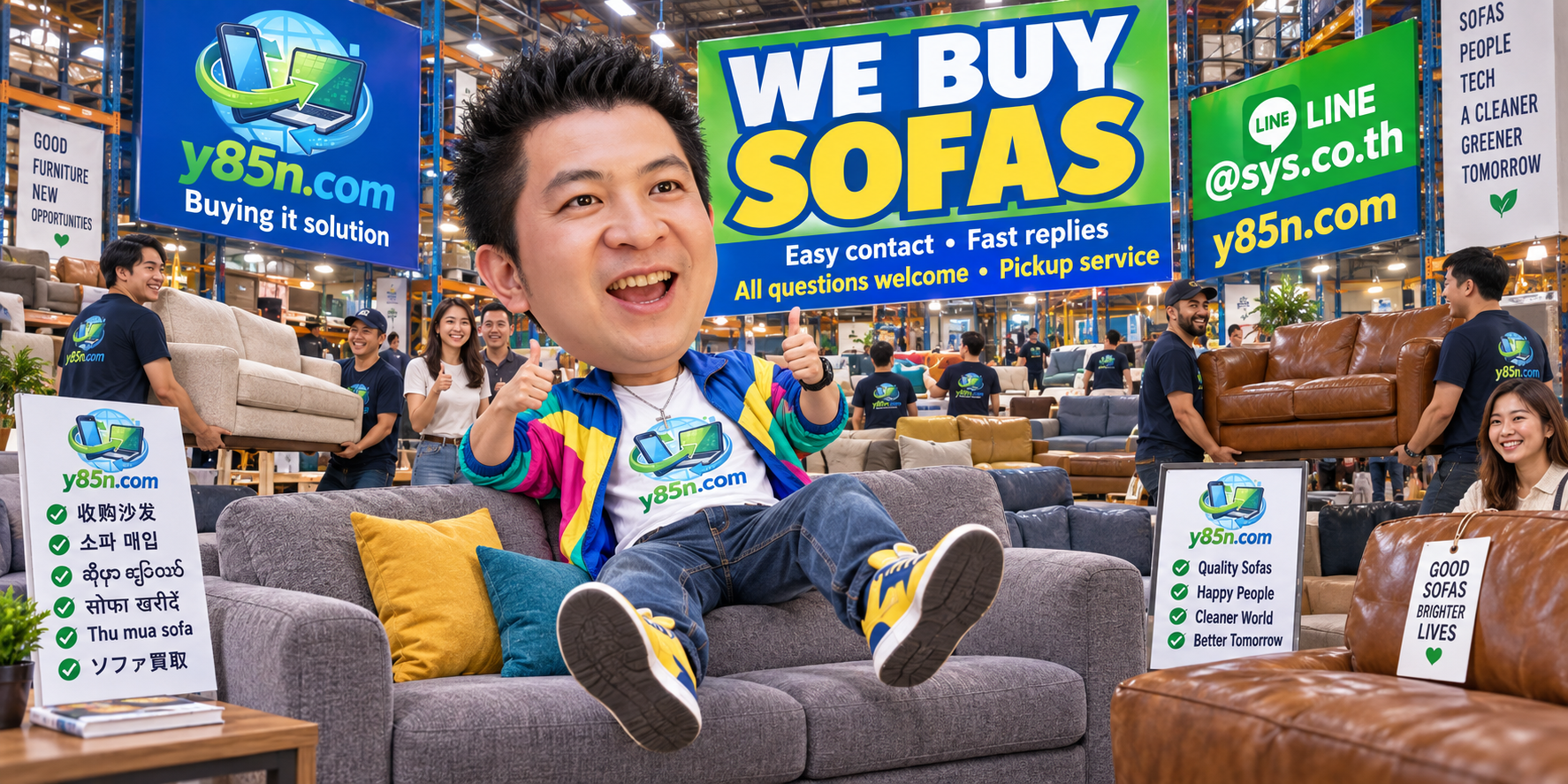 Y85N.com sofa buying contact banner with LINE at sys.co.th