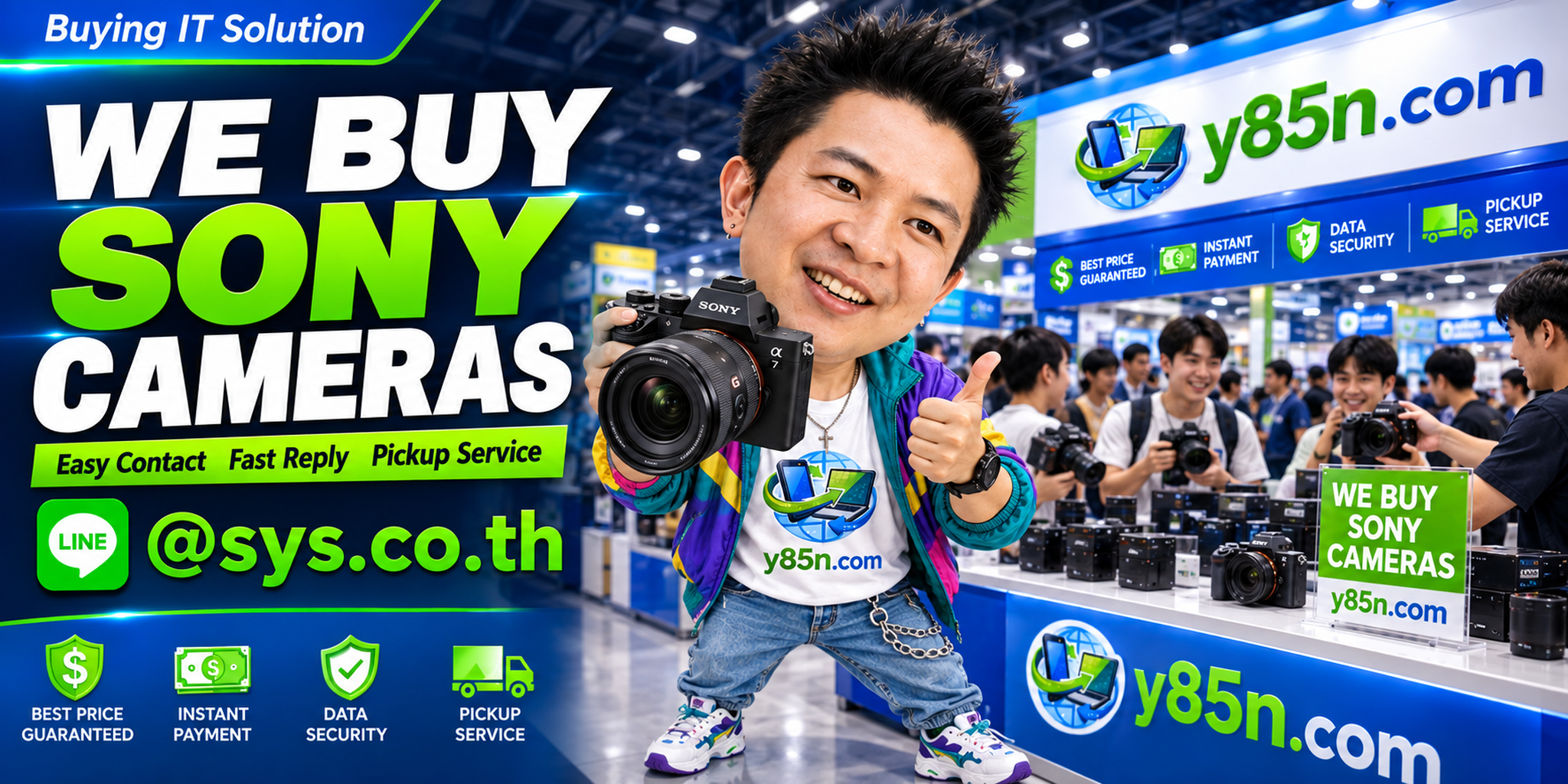 Y85N.com Sony camera buying contact banner with LINE at sys.co.th