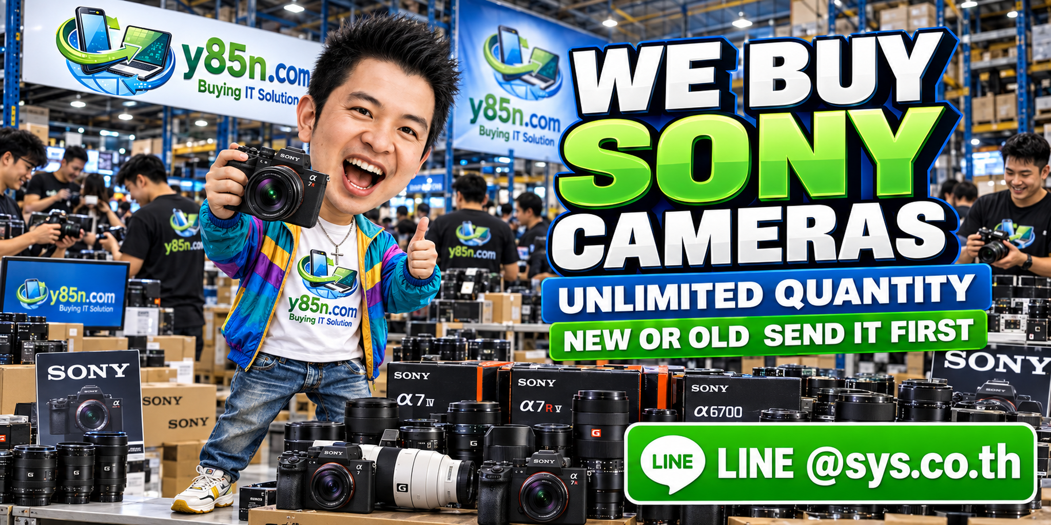 Y85N.com team in a busy warehouse buying Sony cameras and photography equipment