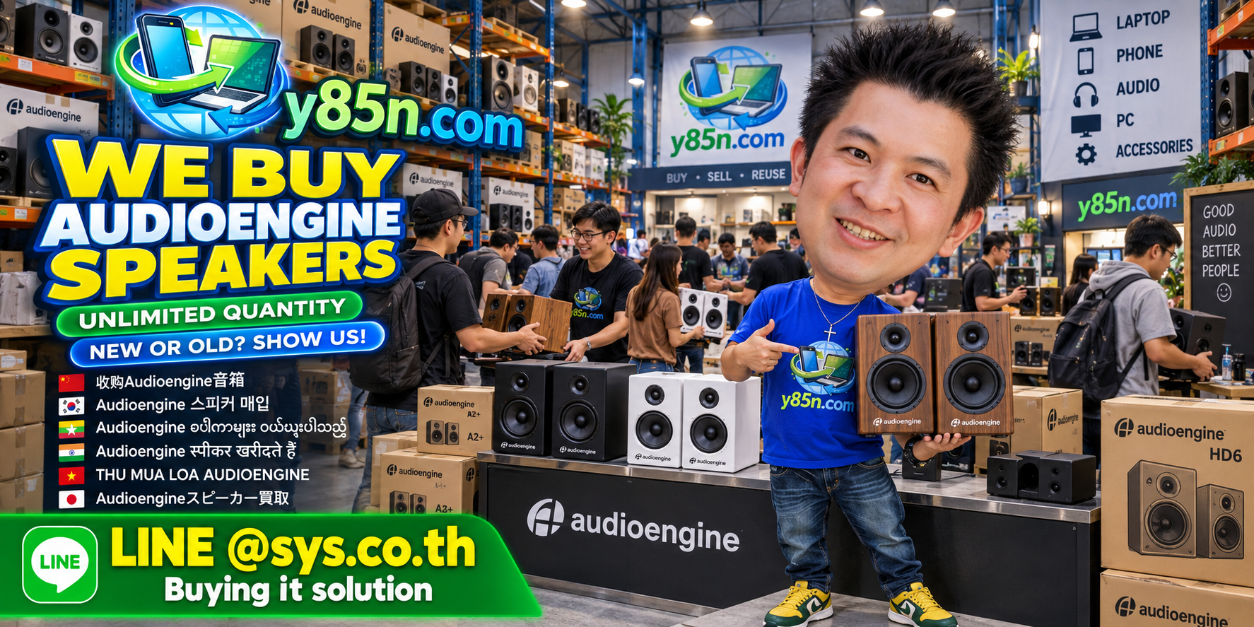 Y85N.com team and customers in a busy Audioengine speaker buying warehouse