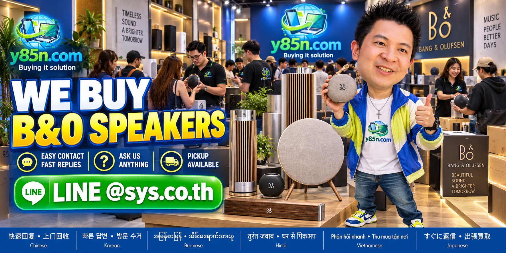 Y85N.com contact banner with LINE at sys.co.th for speaker selling