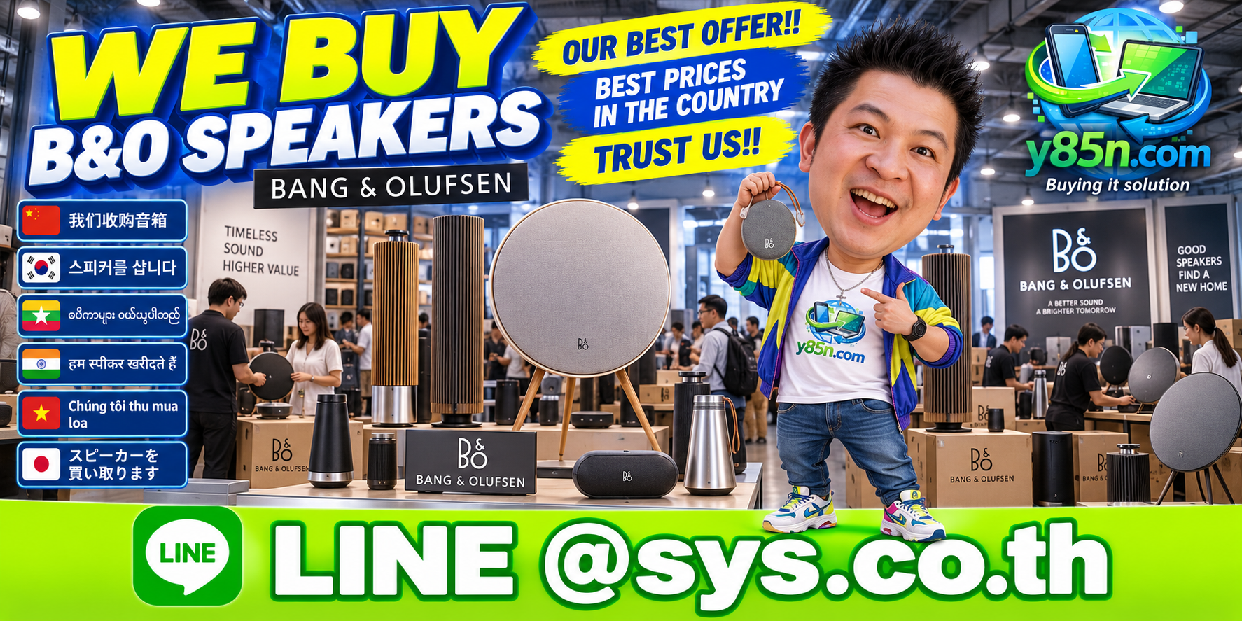 Y85N.com buying Bang and Olufsen speakers in a busy audio warehouse in Thailand
