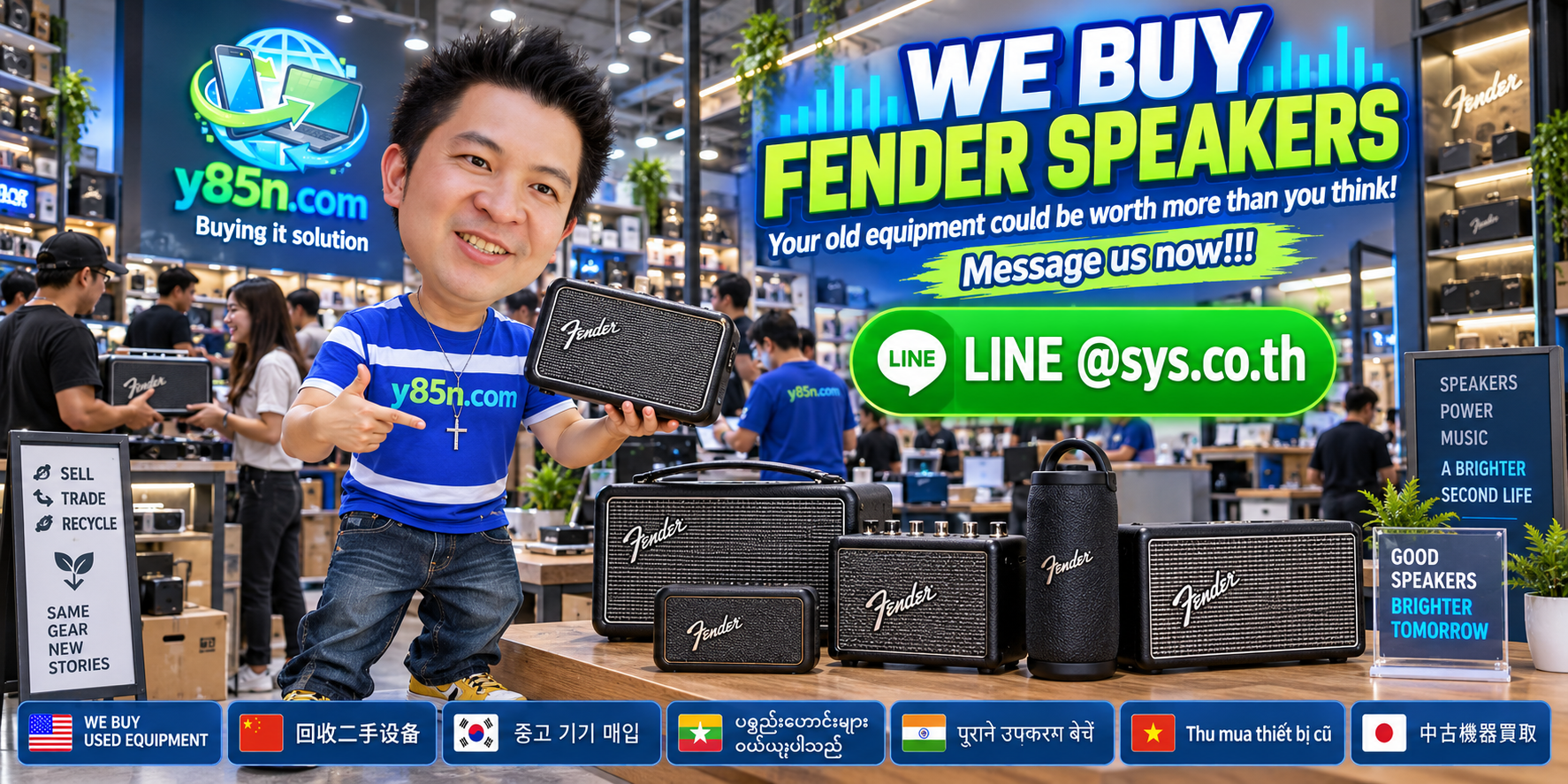 Busy Y85N.com warehouse buying used Fender speakers in Thailand