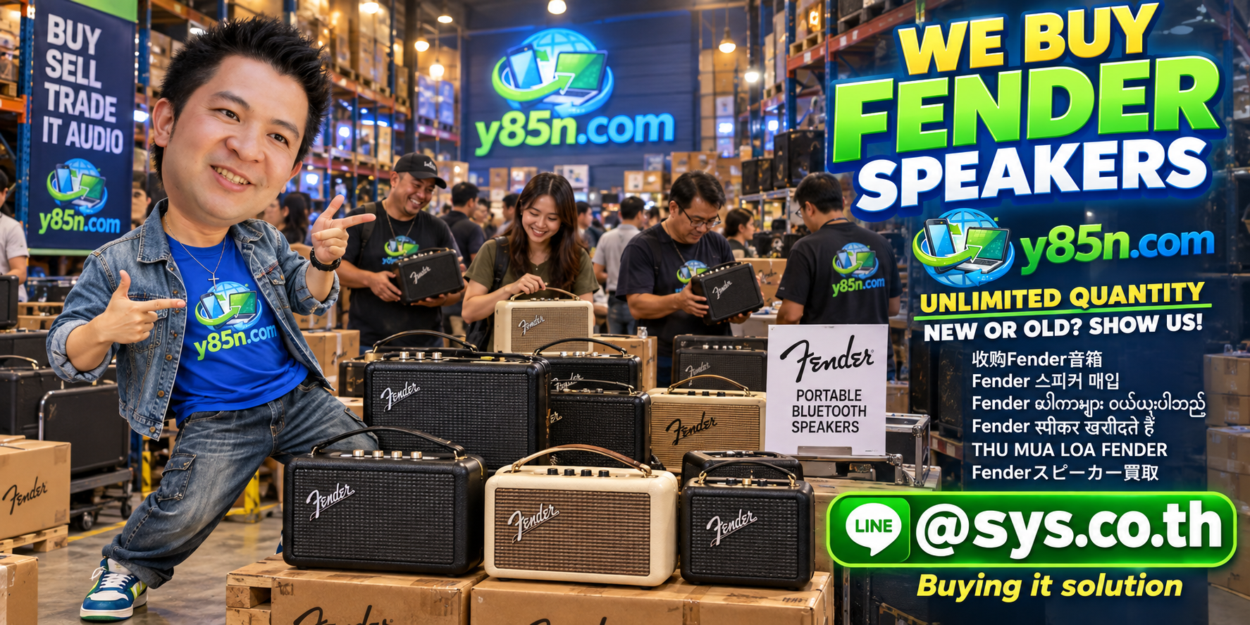 Y85N.com Fender speaker buying warehouse with customers and multiple audio units