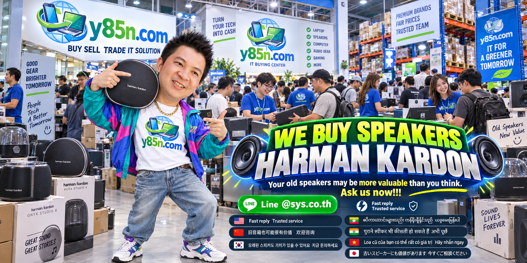 Y85N.com warehouse campaign visual for equipment buying and seller coordination in Thailand