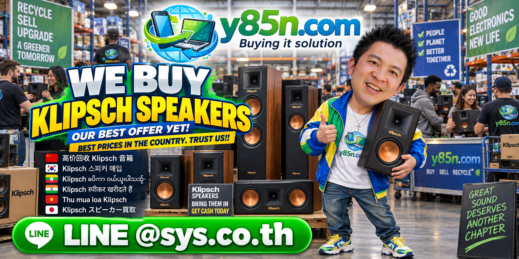 Y85N.com warehouse buying Klipsch speakers with international seller messaging