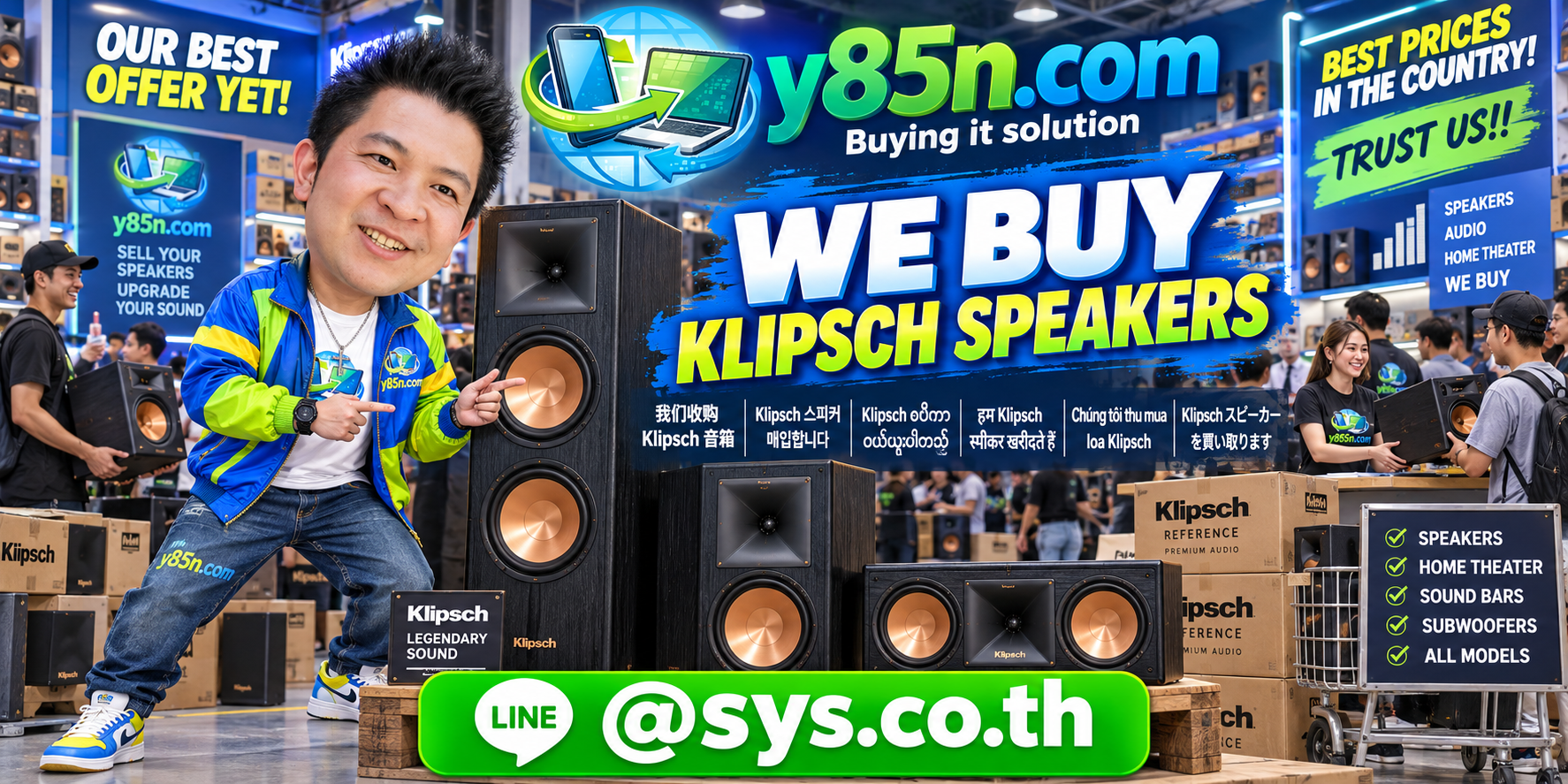 Y85N.com team and customers at a busy Klipsch speaker buying warehouse