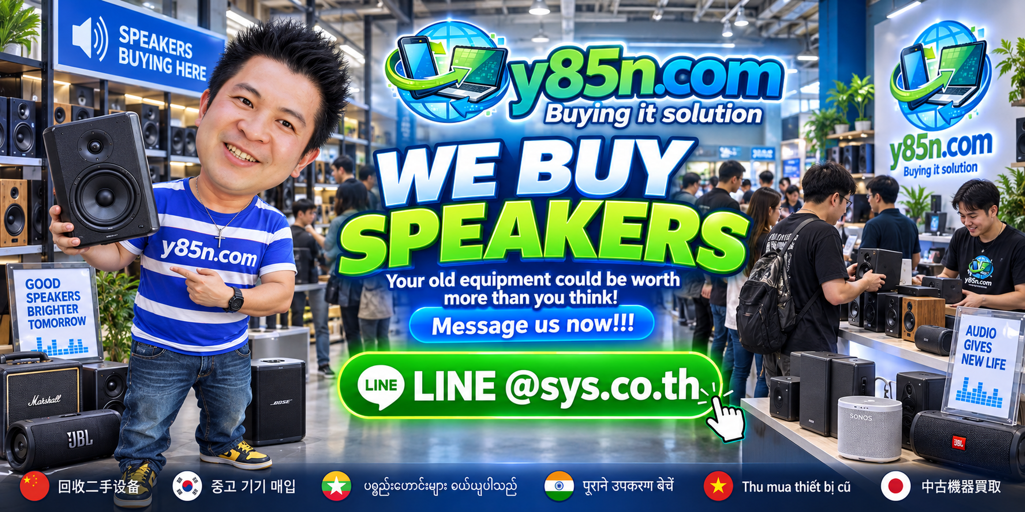 Busy Y85N.com audio warehouse showing a speaker buying service in Thailand