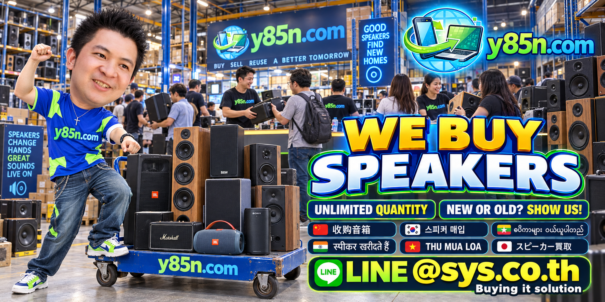 Y85N.com team and customers at a busy speaker and audio equipment buying warehouse
