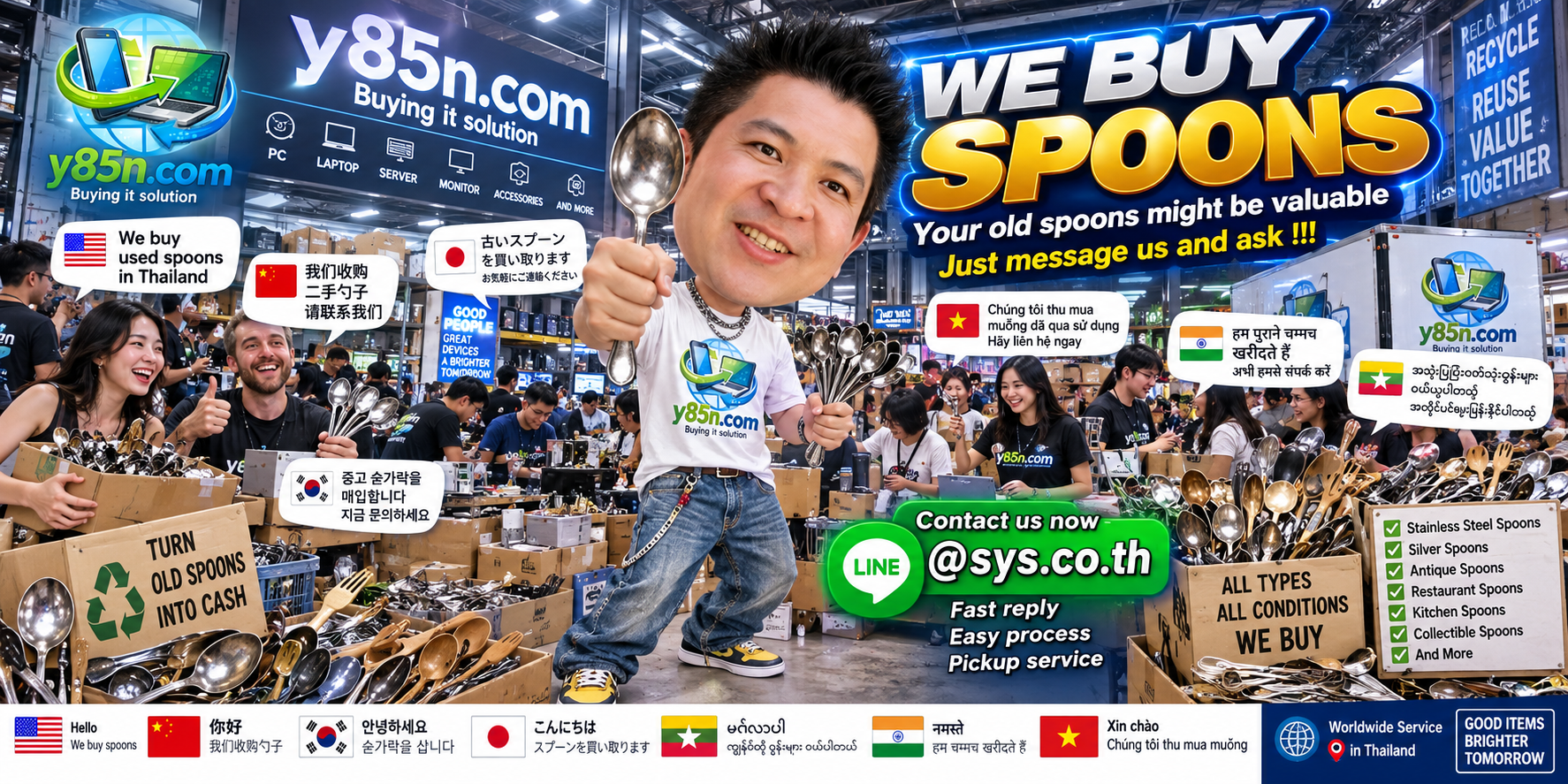 Busy Y85N.com buying warehouse showing a spoon buying service in Thailand