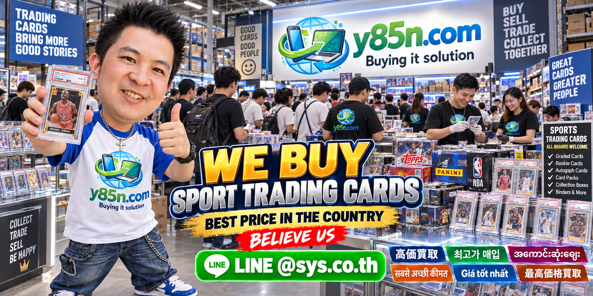 Y85N.com warehouse buying sport trading card collections with international seller messaging