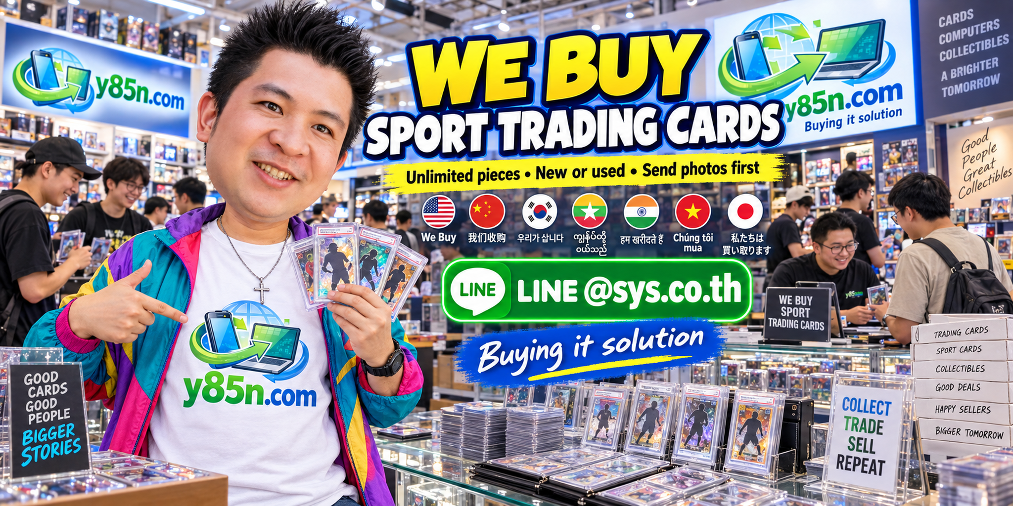 Y85N.com team and customers at a busy sport trading card buying warehouse