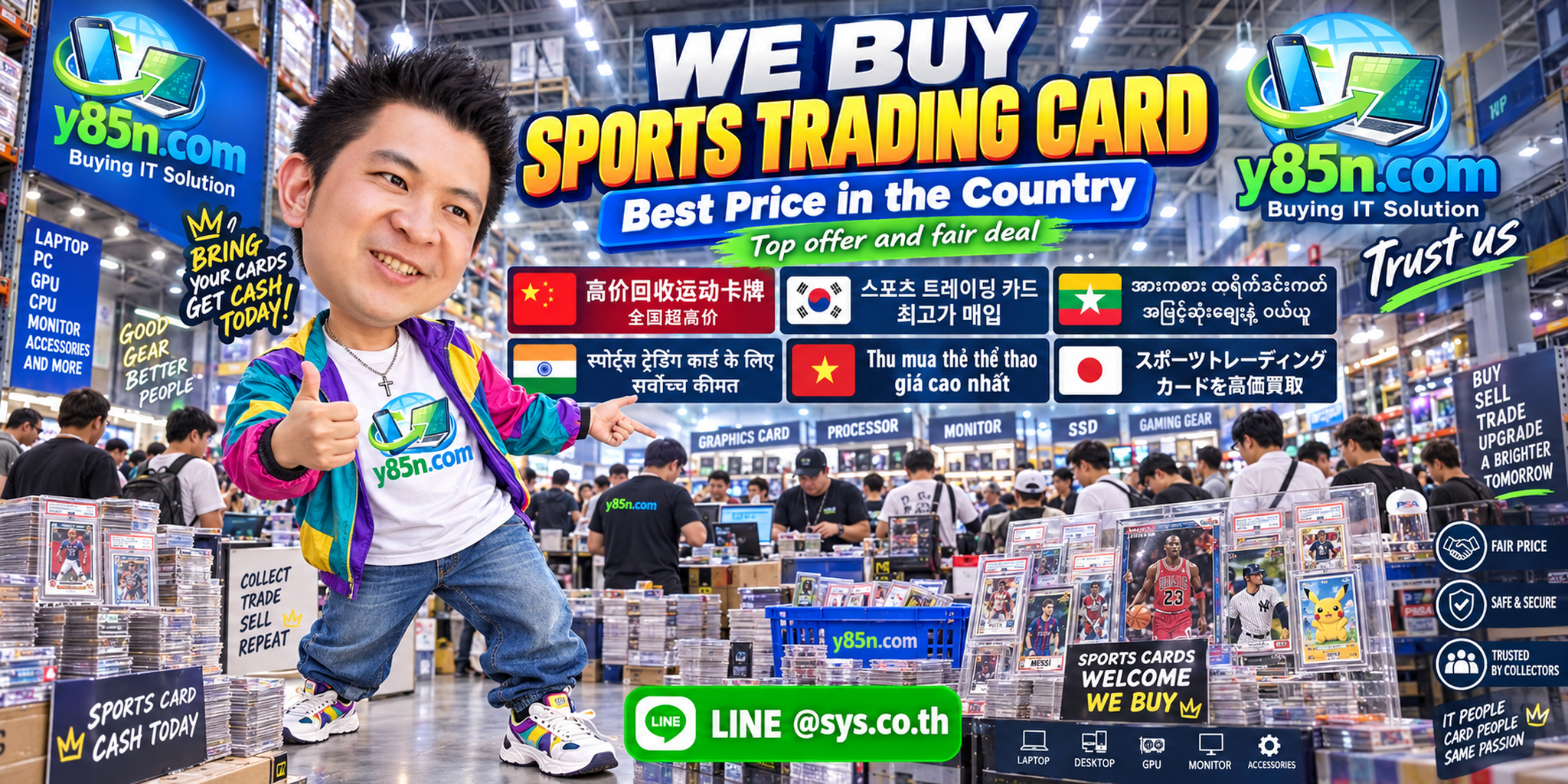 Y85N.com warehouse scene for sports trading card buying in Thailand
