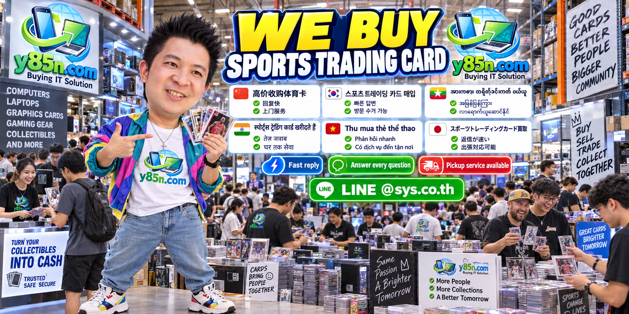 Y85N.com sports trading card contact banner with LINE information