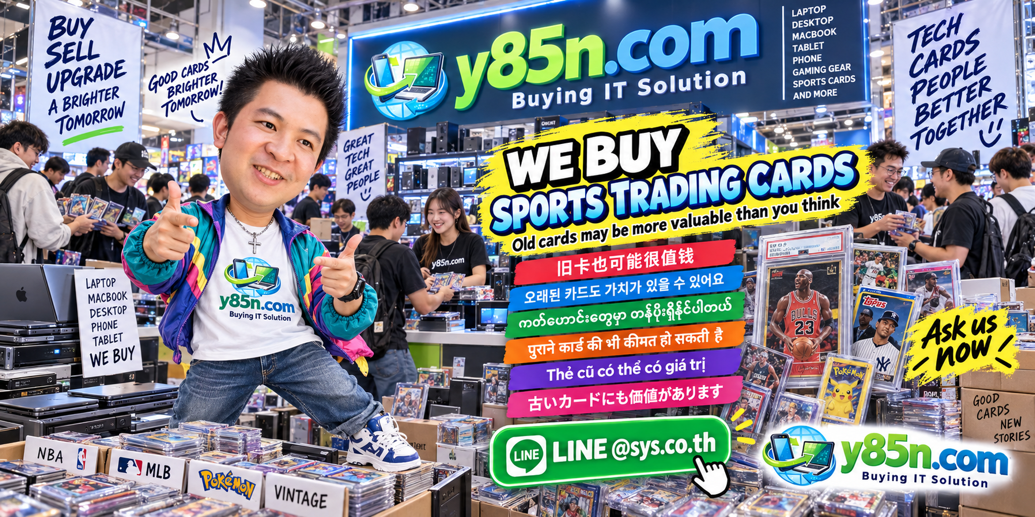 Busy Y85N.com warehouse style sports trading card buying scene in Thailand