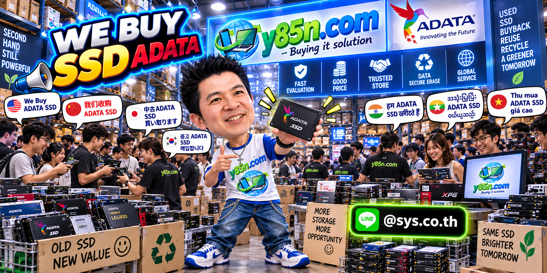 Busy Y85N.com IT warehouse buying ADATA SSDs and used computer storage in Thailand